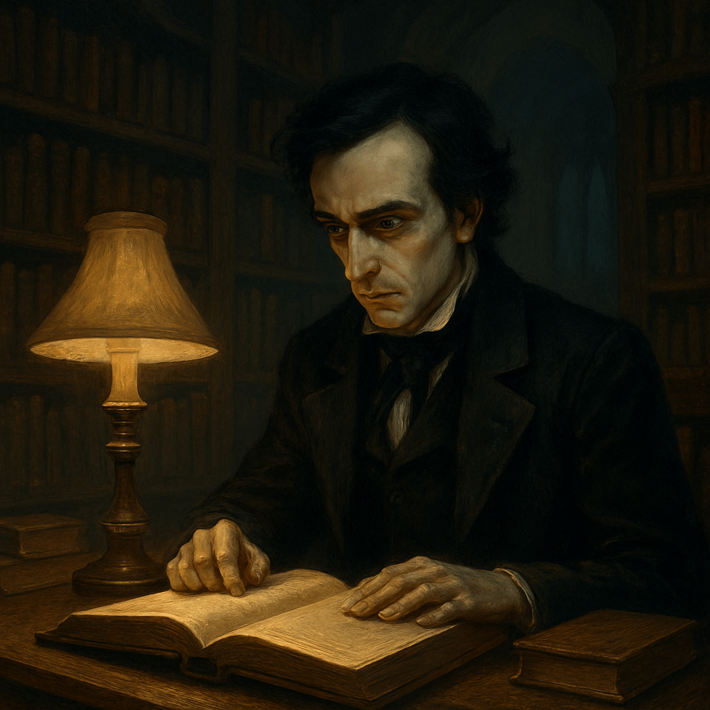 A somber man with dark curly hair in 19th-century black formal attire sits at a wooden desk reading an open book by lamplight. The warm glow from a table lamp with cream shade illuminates his gaunt, contemplative face and pale hands against the dark, shadowy room filled with bookshelves.