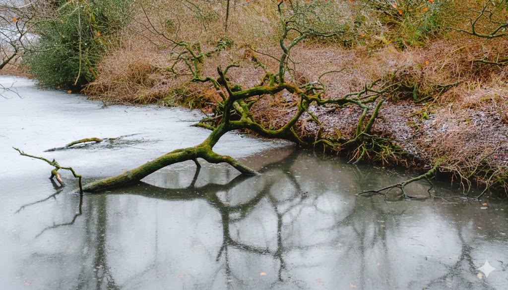 A moss-covered tree has fallen into a slow-moving river, its branches spreading across the water.