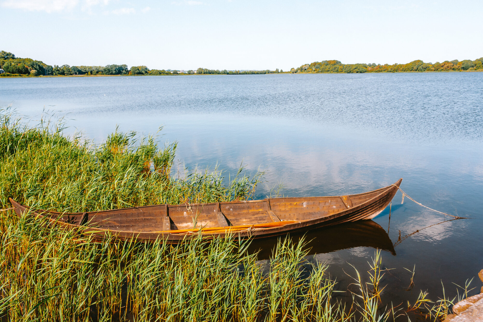 An old riveted wooden boat resting among reeds at the water's edge, its dark timber and iron fastenings visible, reflected in the still lake beyond.